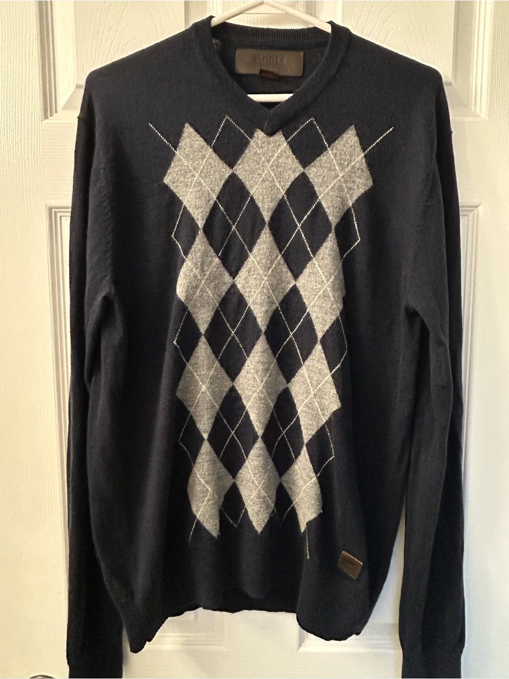 Roots Merino Wool Cashmere Argyle Sweater Men’s Large Navy Blue V-Neck